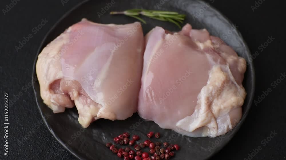 Fresh raw chicken thigh fillets with salt, spices and herbs on a dark concrete background Fresh raw chicken thigh fillets with salt, spices and herbs on a dark concrete background