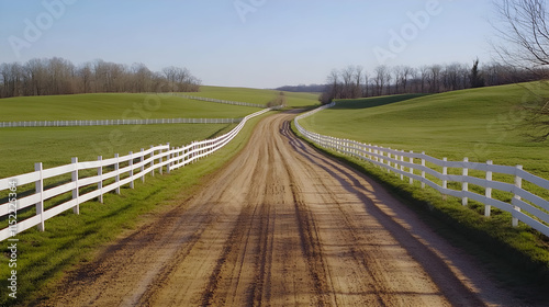 Quaint rural dirt road in Lexington Kentucky with white fences and rolling green pastures photo