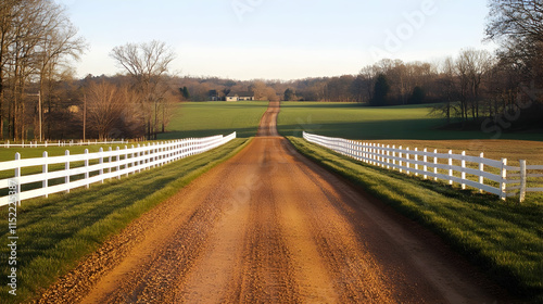 Quaint rural dirt road in Lexington Kentucky with white fences and rolling green pastures photo