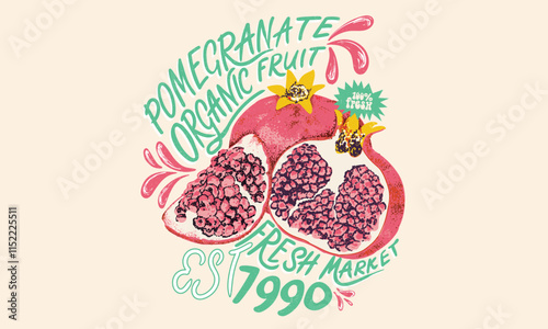 Summer food poster design.  Pomegranate fruit artwork. Fresh pomegranate fruit print. Nature watercolor design. Organic food artwork for for t-shirt. Fruit vintage t-shirt design.