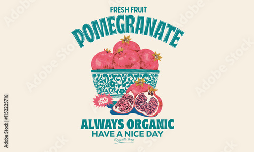 Ceramic bowl. Fresh pomegranate fruit print. Nature watercolor design. Organic food artwork for for t-shirt. Fruit vintage t-shirt design. Summer food poster design. Pomegranate fruit artwork.