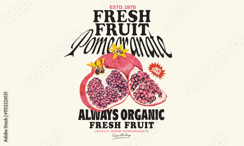 Pomegranate fruit artwork. Fresh pomegranate fruit print. Nature watercolor design. Fresh food artwork for for t shirt. Always organic. Summer food poster design.
