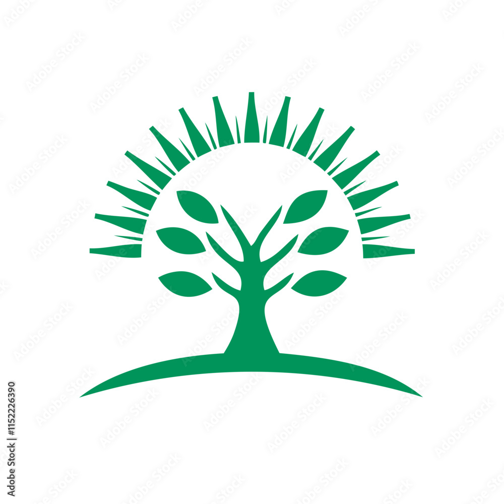 Obraz premium A radiant sun rising behind a tree with its roots visible below Isolated on transparent background