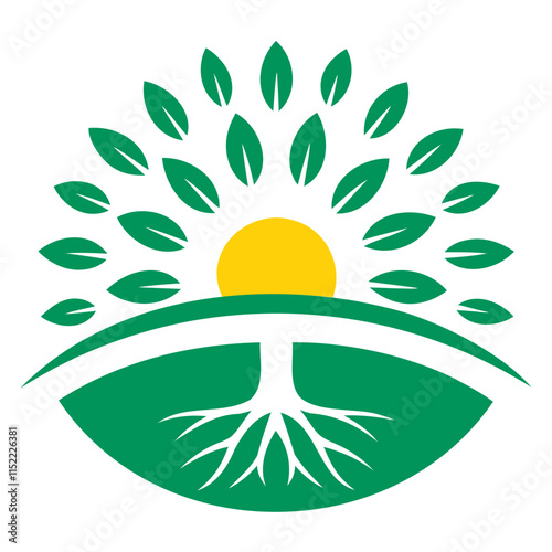 A radiant sun rising behind a tree with its roots visible below Isolated on transparent background