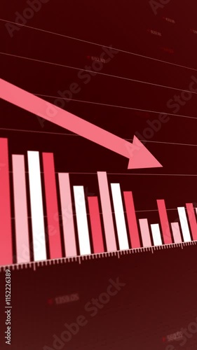 Dynamic financial diagram illustrating decreased profits, descending bar graphs in shades of red and white, downward arrows emphasizing falling trends, Copy space.