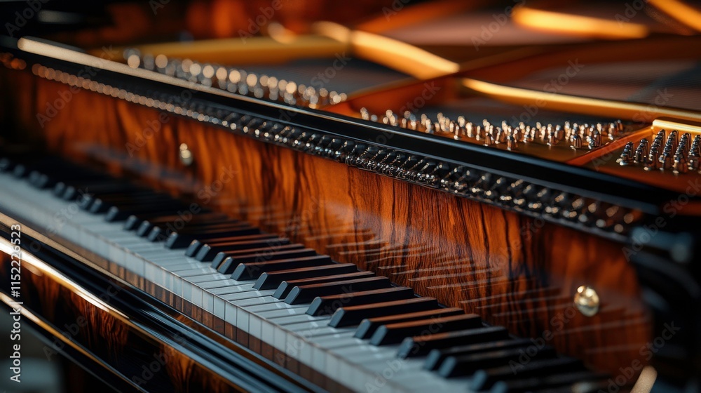 Photorealistic Image of a Grand Piano and Violin, Capturing Detailed Wood Grain, Metal Strings, and Polished Surfaces, Highlighting Elegance and Craftsmanship Photorealistic Image of a Grand Piano and Violin, Capturing Detailed Wood Grain, Metal Strings, and Polished Surfaces, Highlighting Elegance and Craftsmanship