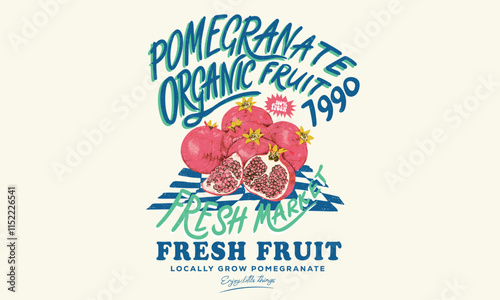 Hand sketch artwork. Pomegranate fruit artwork. Fresh pomegranate fruit print. Nature watercolor design. Fresh food artwork for for t shirt. Always organic. Summer food poster design.