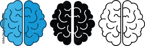 Three Brain Hemispheres Blue, Black, White Icons, Neurology, Mind, Thinking