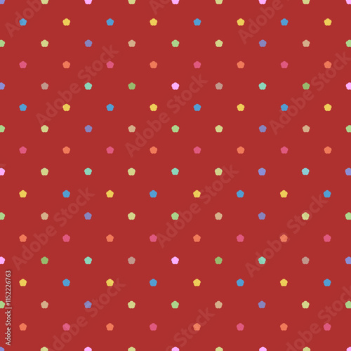 Seamless red background featuring evenly spaced multicolored polka dots in vibrant shades of blue, yellow, green, pink, and orange -  playful and cheerful design background - wrapping paper pattern.