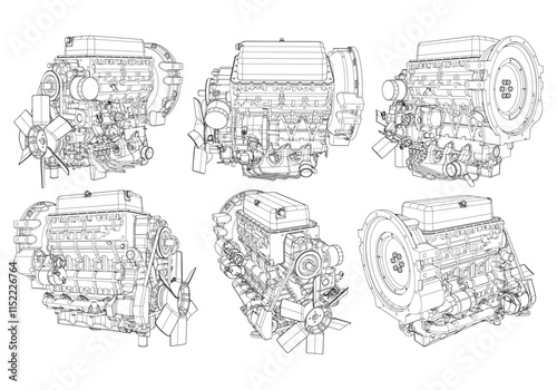 A set of drawings of engines - motor vehicle internal combustion engine, motorcycle, electric motor and a rocket. It can be used to illustrate ideas of science, engineering design and high-tech