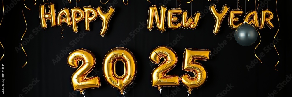 Gold Happy New Year 2025 message balloons with decoration party. symbolizes the start of the new year. Gold Happy New Year 2025 message balloons with decoration party. symbolizes the start of the new year.