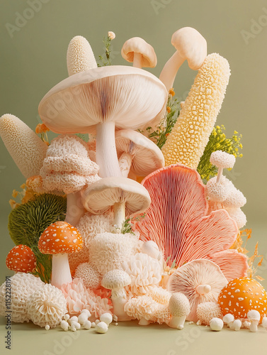 mix of mushroom and flowers with interesting textures infront of a onecolored simple background photo