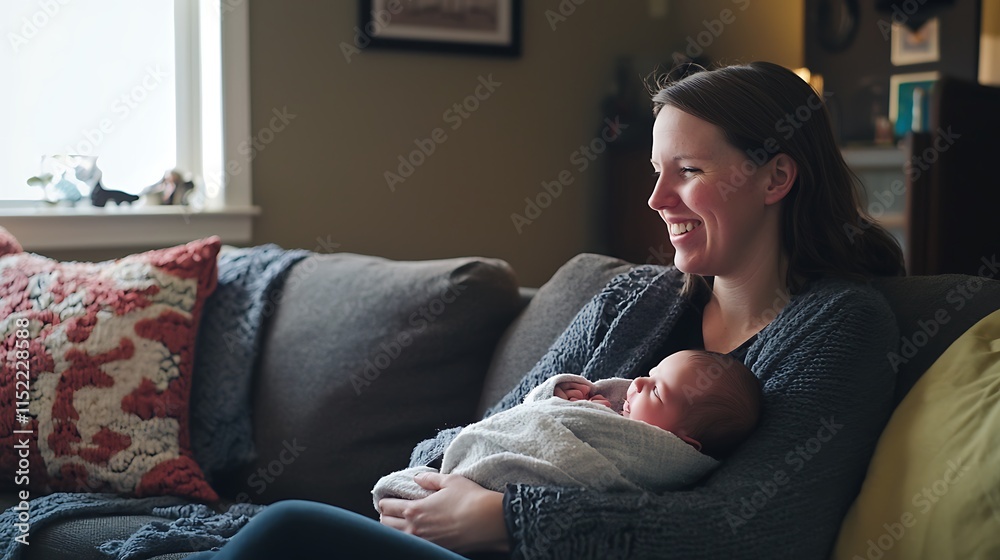 Obraz premium A woman is holding a baby on a couch