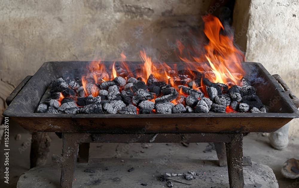 A mangal grill with sizzling embers and smoke rising vividly A mangal grill with sizzling embers and smoke rising vividly