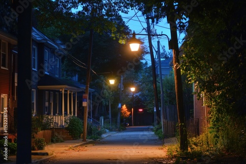 Nighttime street scene with illuminated houses and trees photo