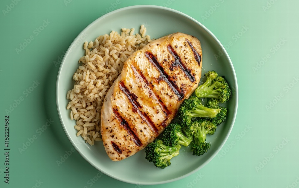 A plate of grilled chicken breast with steamed broccoli and brown rice, on a pastel green background A plate of grilled chicken breast with steamed broccoli and brown rice, on a pastel green background