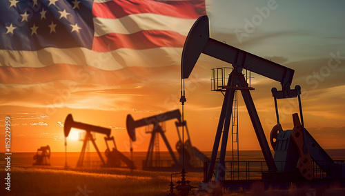silhouette of oil pumpjacks and an american flag in the background, sunset, photorealistic
