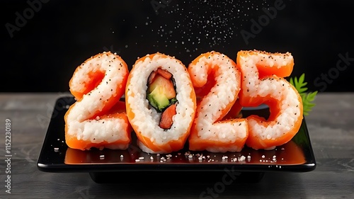 New Year’s Celebration with Salmon Sushi in the Shape of 2025 photo