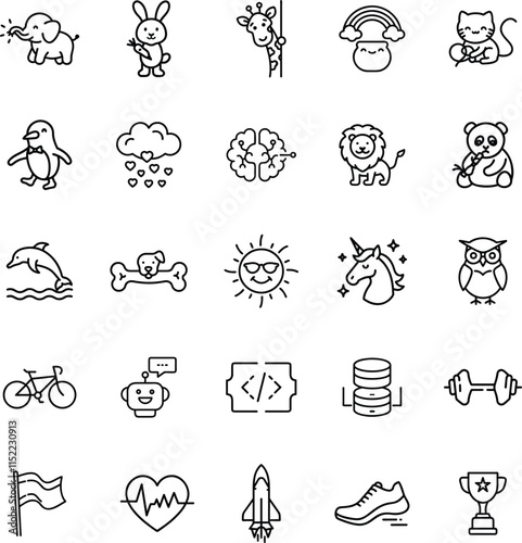 Cute Animal Icons, Coding, Fitness, and Nature Symbols