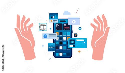 Smartphone presentation between open arms.