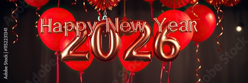 Red Happy New Year 2026 message balloons with decoration party. symbolizes the start of the new year