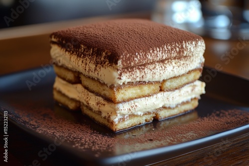 Delicious layered tiramisu dessert cocoa dusted photo