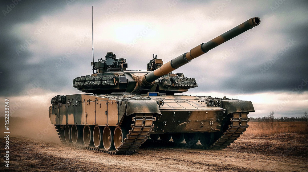 a hyper-realistic image of a modern military tank in a dramatic low-angle shot. a hyper-realistic image of a modern military tank in a dramatic low-angle shot.