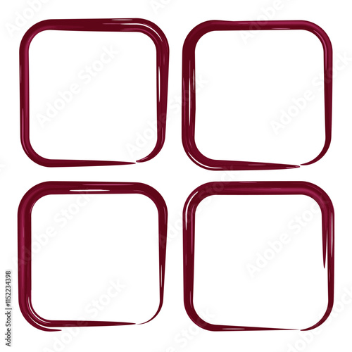 Set of four square frames drawn with thick, expressive brushstrokes in a deep red color. bold and creative accents to headers, banners, or dividers. bold and expressive element to visual projects. 