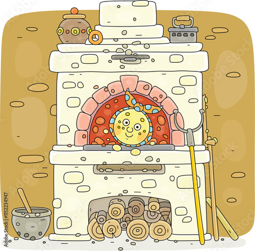 Funny round loaf kolobok freshly baked in a traditional old village oven for a festive table in countryside, vector cartoon illustration