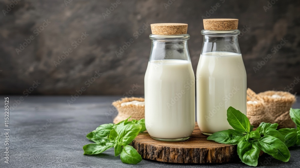 Fresh Milk in Stylish Bottles on a Wooden Board Fresh Milk in Stylish Bottles on a Wooden Board