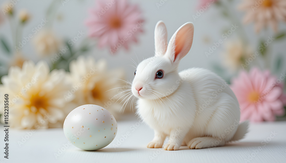 White rabbit with pastel eggs and flowers White rabbit with pastel eggs and flowers