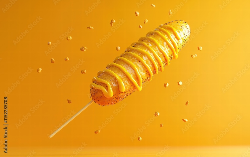 A vibrant corn dog floating mid-air with mustard drizzle, on a pastel orange background A vibrant corn dog floating mid-air with mustard drizzle, on a pastel orange background