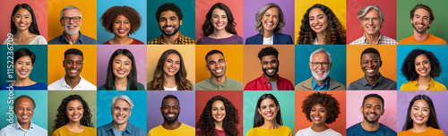 Composite portrait image of 27 smiling people of different races, with different colored backgrounds, arranged in a headshot-sized collage.