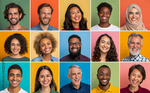 Composite portrait image of 15 smiling people of different races, with different colored backgrounds, arranged in a headshot-sized collage.