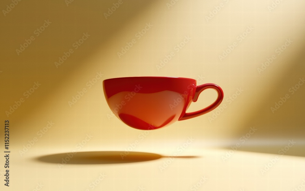 A vibrant red tea cup levitating mid-air, with a glossy surface and a curved handle, set on a soft yellow background A vibrant red tea cup levitating mid-air, with a glossy surface and a curved handle, set on a soft yellow background