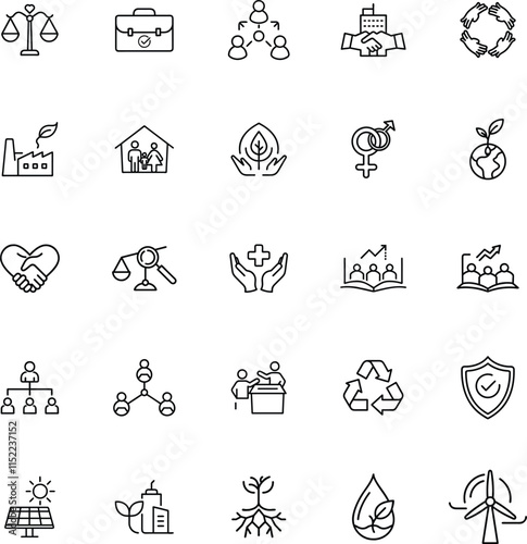 ESG Icons Sustainability, Governance, Social Responsibility, Ethics, Equity