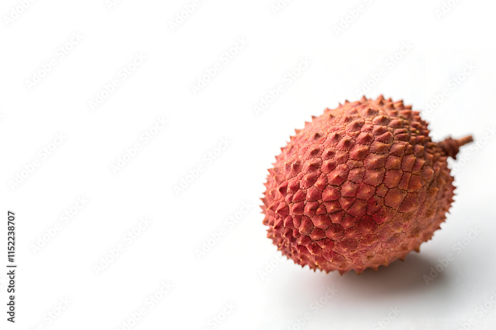 Macro of Lychee with Detailed Textured Skin and Vivid Colors on Right Side of White Background Macro of Lychee with Detailed Textured Skin and Vivid Colors on Right Side of White Background