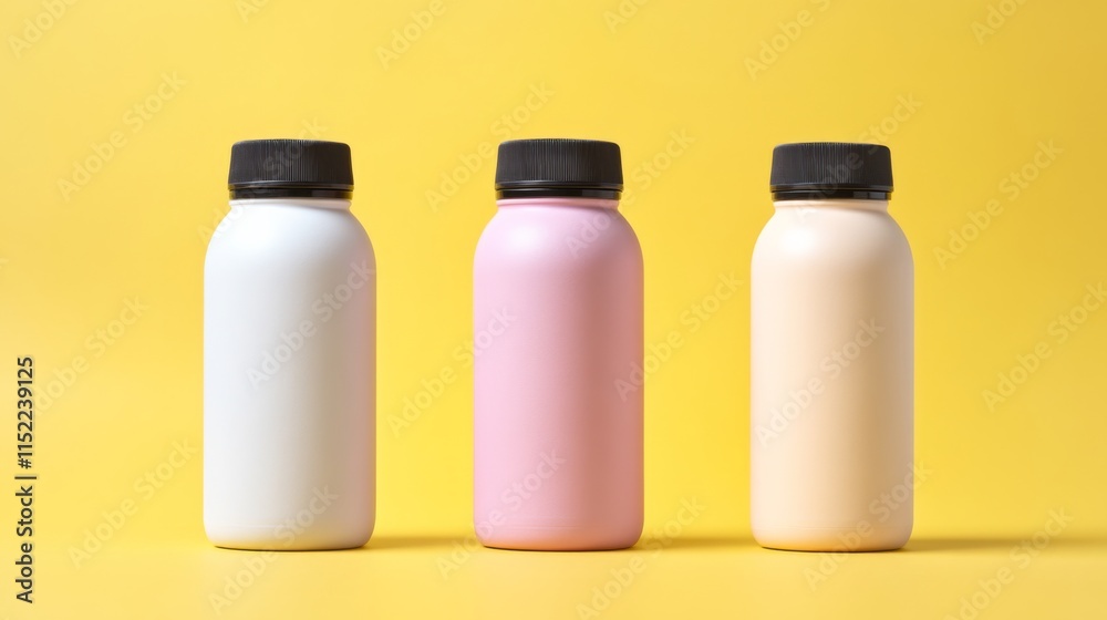 Vibrant Bottles on Yellow Background with Natural Lighting Vibrant Bottles on Yellow Background with Natural Lighting