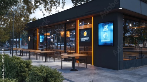 Modern cafe exterior at dusk with outdoor seating and digital signage.