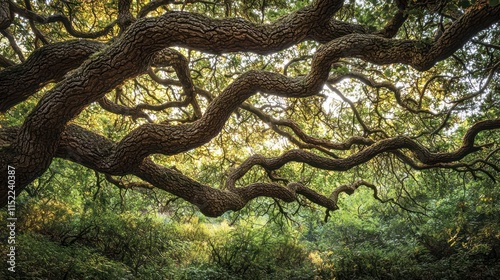 Old, gnarled tree branches creating a natural canopy in the forest
