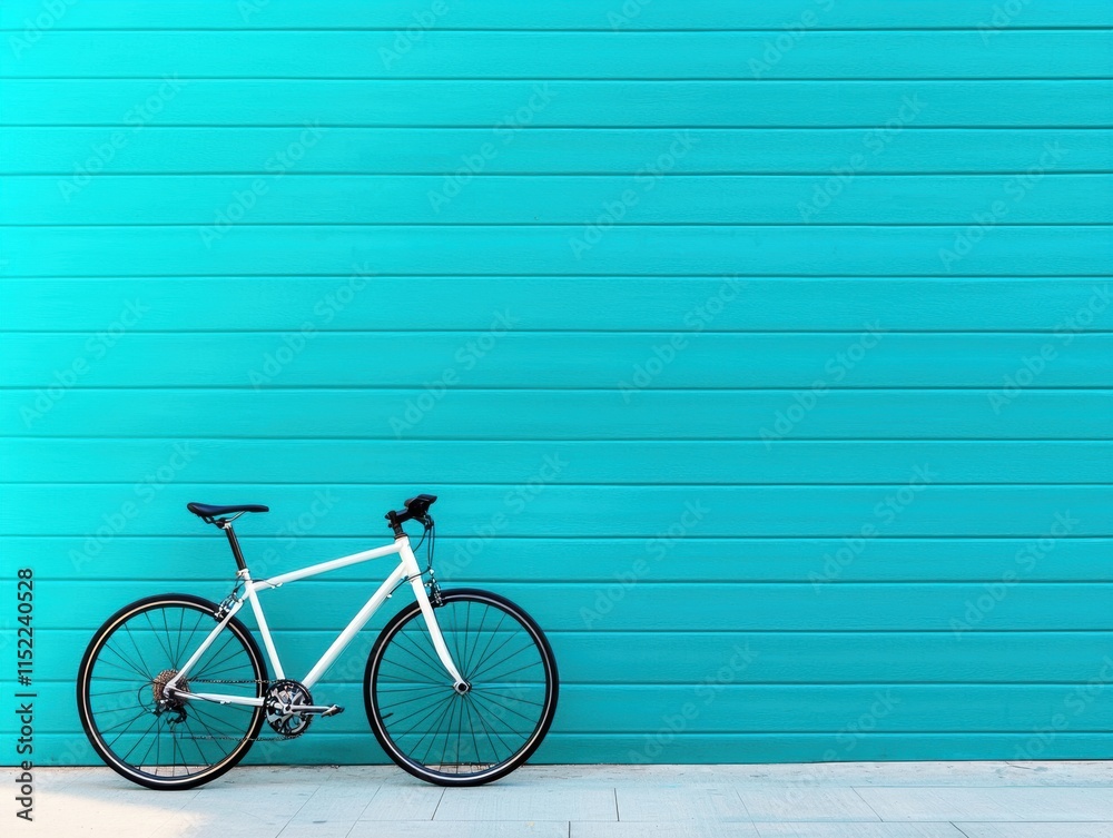 A sleek white bicycle rests against a vibrant turquoise wall, showcasing a minimalist and modern aesthetic. A sleek white bicycle rests against a vibrant turquoise wall, showcasing a minimalist and modern aesthetic.