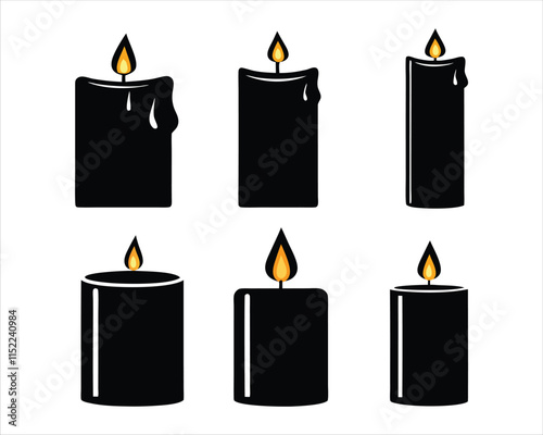 Set of Six Black Candles with Flames - Vector Illustration