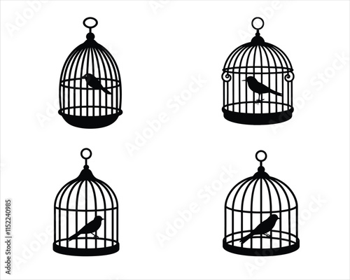 Birdcages with Silhouetted Birds - Elegant and Decorative Vector Art