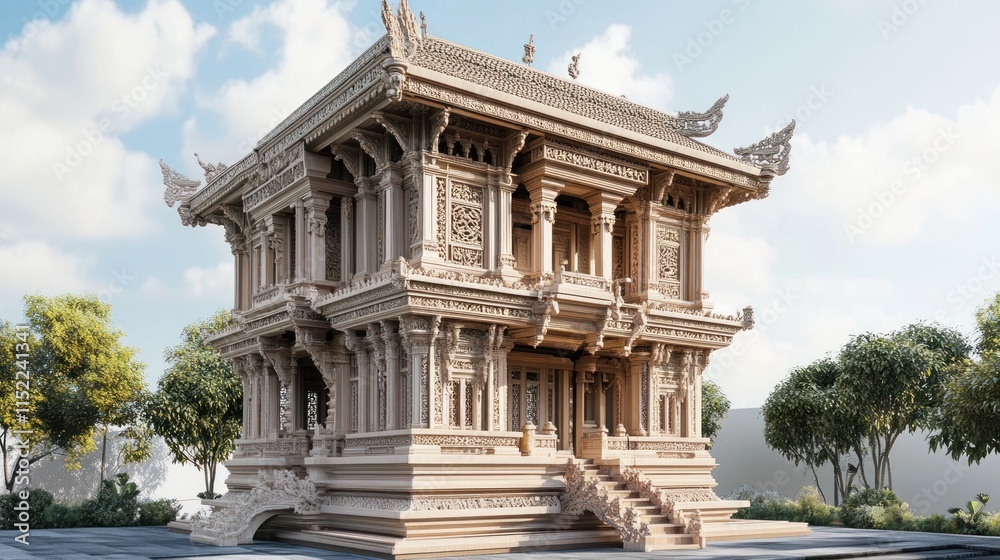 Intricate two-story Asian temple rendered in 3D, showcasing detailed carvings and architecture against a clear sky. Intricate two-story Asian temple rendered in 3D, showcasing detailed carvings and architecture against a clear sky.