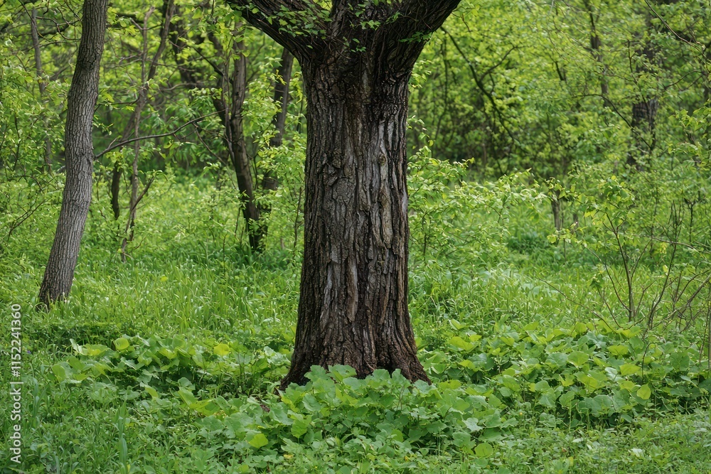 Old tree trunk standing amidst new growth, showing the cycle life Old tree trunk standing amidst new growth, showing the cycle life
