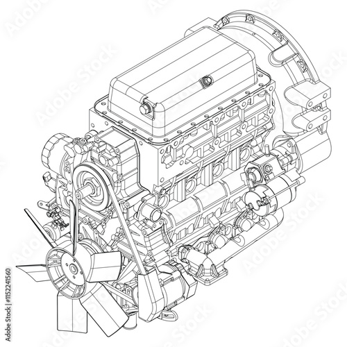 An internal combustion motor. The drawing engine of the machine in section, illustrating the inner structure - the cylinders, pistons, the spark plug. Isolated on white background.