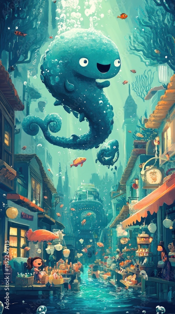 Obraz premium Happy Sea Creature Above Underwater Market Town