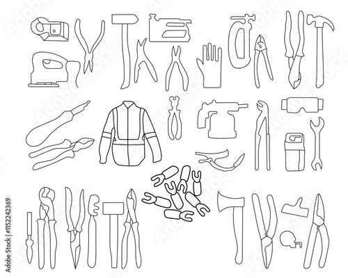 A cset of vector tools icons Vector. Construction set of tools supplies. Construction industry flat lay concept. Plumber materials ans spare parts. Sample of materials on white back ground