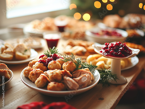 A vibrant spread of delicious holiday foods including pastries, meats, and sides photo