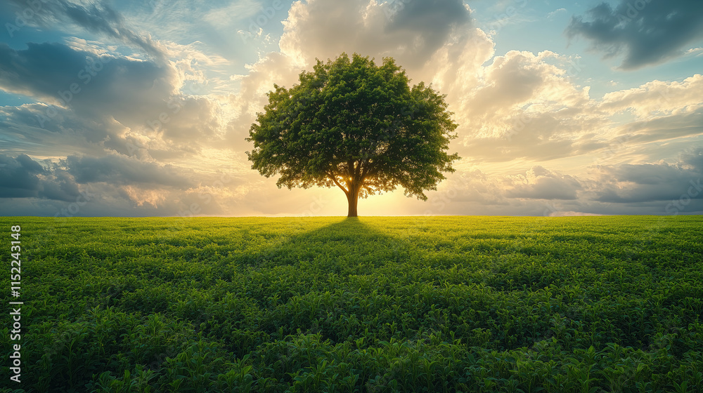 Obraz premium Majestic tree stands alone in a vibrant green field at sunset with dramatic clouds